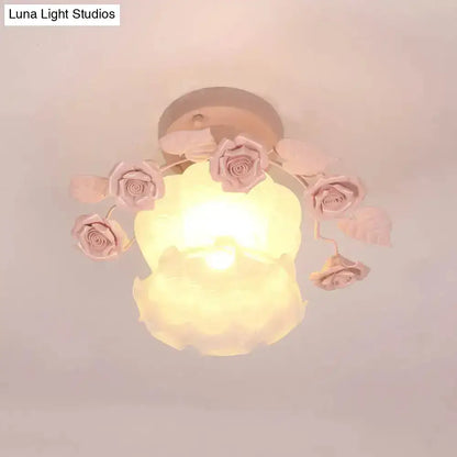 Decorbites™ pastoral style ruffle glass semi flush light in pink white with frosted shade for dining room ceiling
