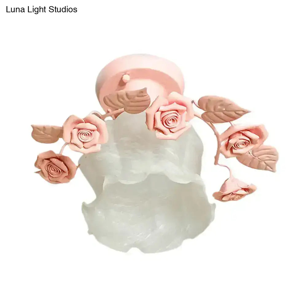 Decorbites pastel pink white glass semi flush ceiling light fixture with rose accents for dining room ceiling