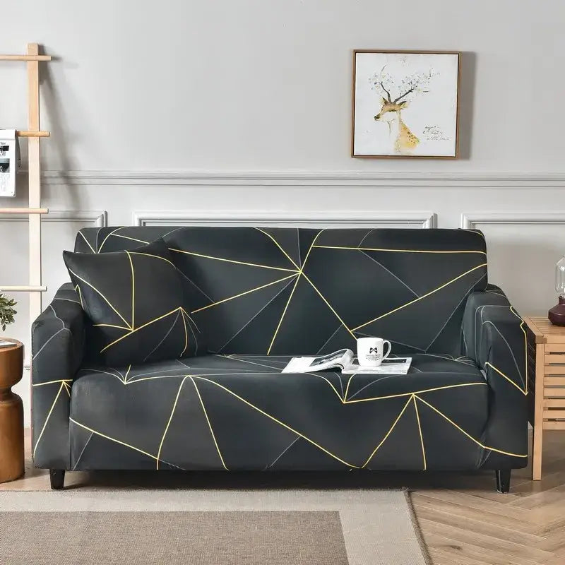 Black sofa cover with geometric thin gold lines stretch fabric patchwork mandala printed slipcover for living room
