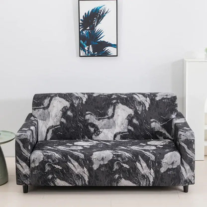 Black and white marble-patterned stretch sofa cover with patchwork mandala print for living room slipcover use