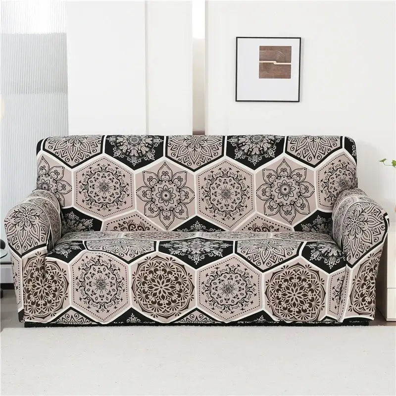 A stretchy sofa cover with hexagonal mandala patchwork print in black beige and gray for living room slipcover