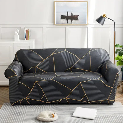 Black sofa cover with geometric gold lines and gray stripes stretch fabric for living room slipcover use