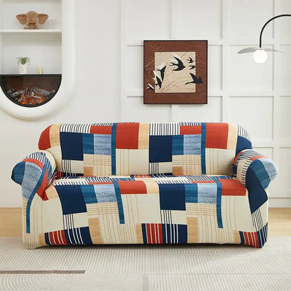 A cozy two-seater sofa with a stretchy patchwork mandala printed slipcover in red navy blue beige and cream colors