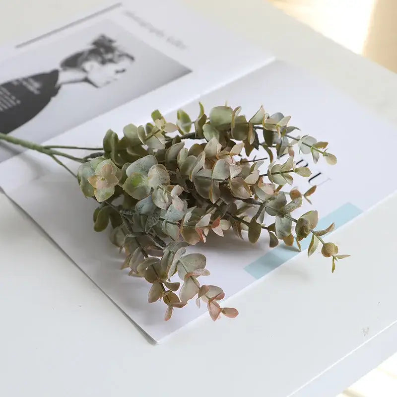 Peach and green eucalyptus leaves artificial arrangement with delicate synthetic soft green and muted pinkish leaves for decorbites eucalyptus leaves decor