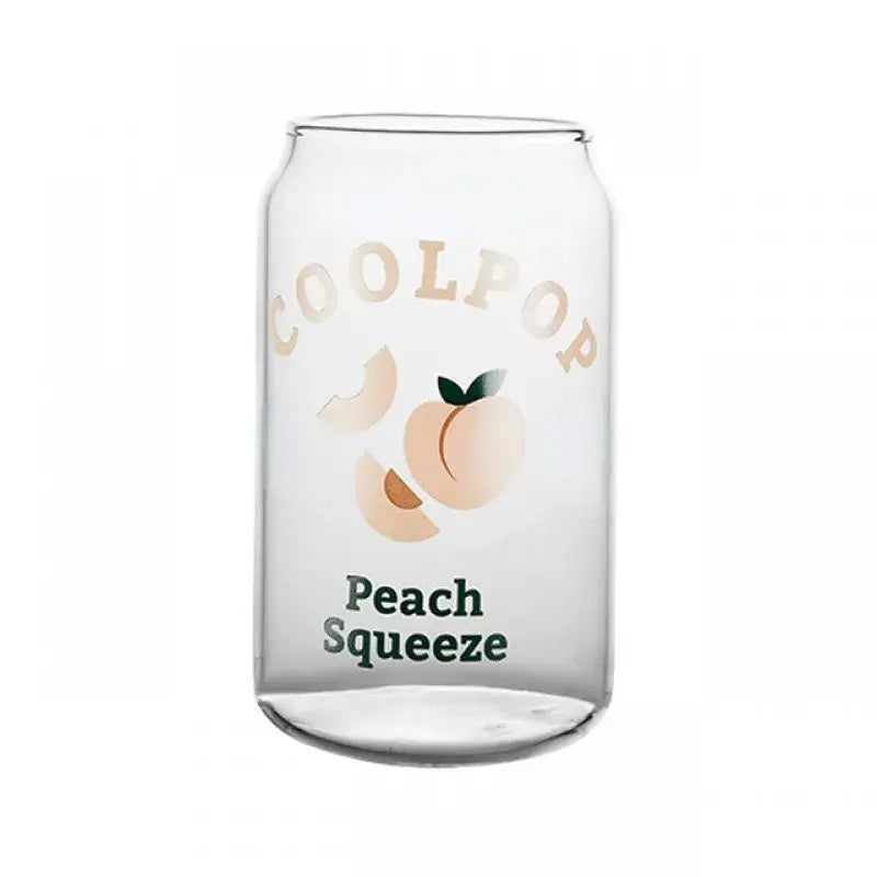 Clear glass cup shaped like a soda can with peach fruit prints and coolpop lettering for dining room use