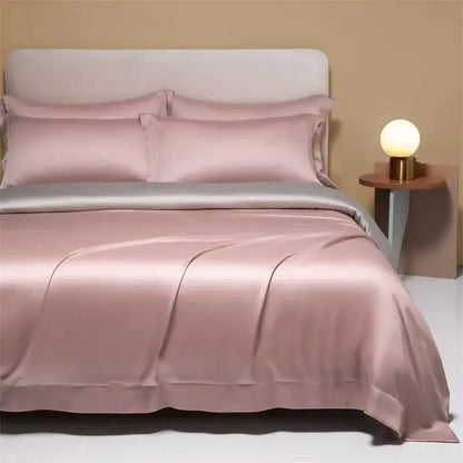 Pink satin duvet cover set with matching pillowcases in cooling cotton solid bedding for bedroom use