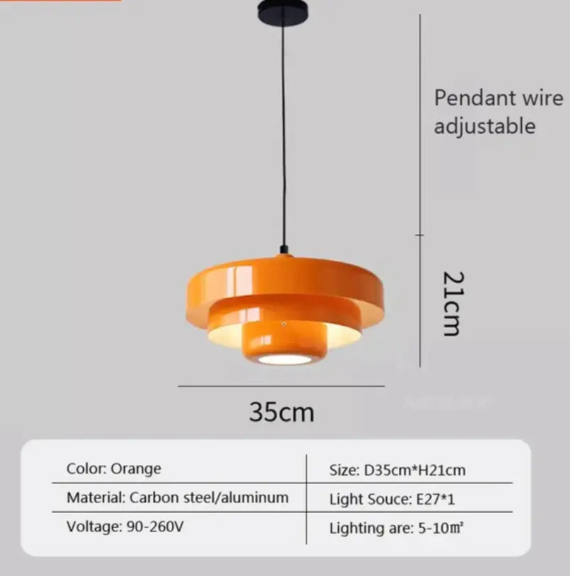 Orange pendant lighting with layered circular design made of carbon steel and aluminum in Bauhaus style retro pendant lamp