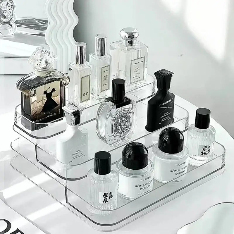 DecorBites™ clear acrylic 3 tier perfume and cosmetic organizer stand compact size storage rack for fragrances