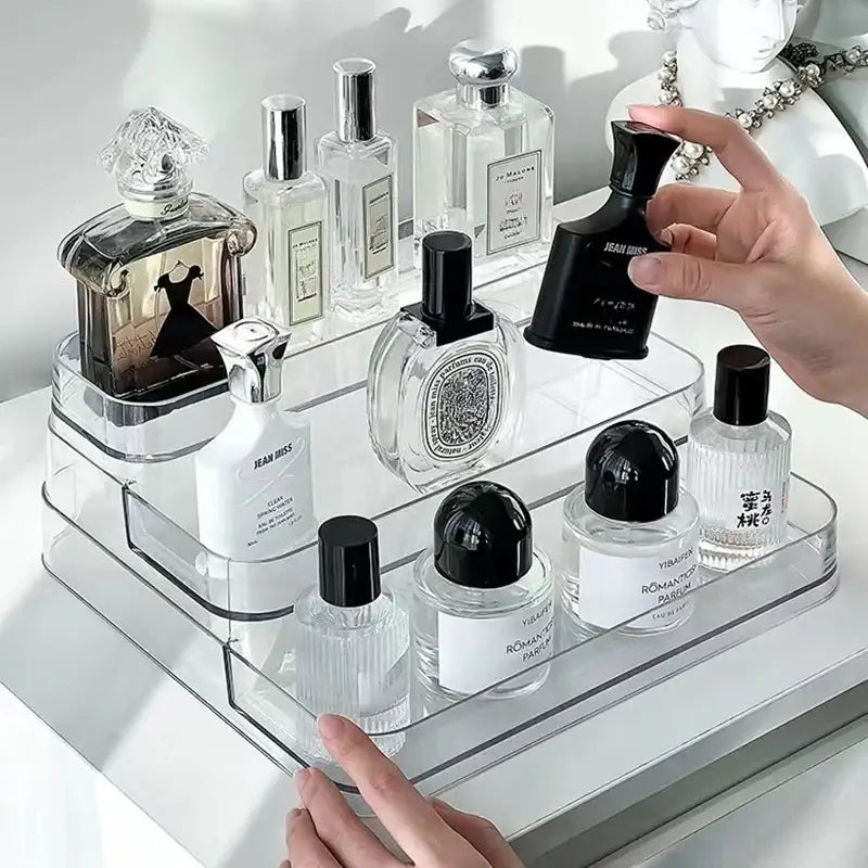DecorBites™ clear acrylic two-tiered perfume storage rack compact size cosmetic organizer for fragrances