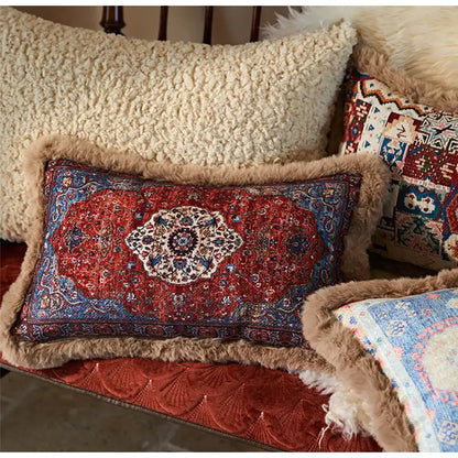Rectangular pillow cover with red and blue persian-style pattern and plush tan faux fur trim decorbites bohemian chenille lumbar