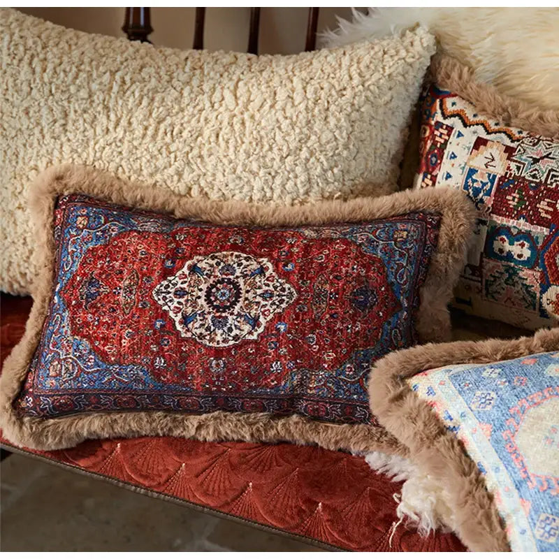 Rectangular pillow cover with red and blue persian-style pattern and plush tan faux fur trim decorbites bohemian chenille lumbar