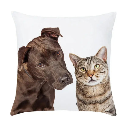 White throw pillow with a peach skin pillowcase featuring a printed brown dog and tabby cat for living room decor