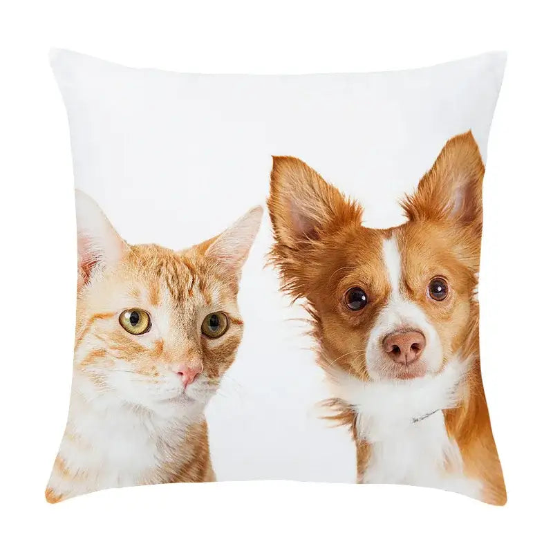 White throw pillow with peach skin pillowcase featuring orange tabby cat and brown and white chihuahua print for living room decor