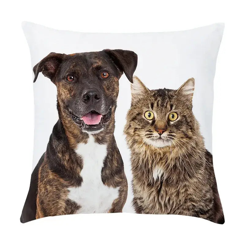 White peach skin pillowcase with printed brindle dog and tabby cat for living room decor series peach skin
