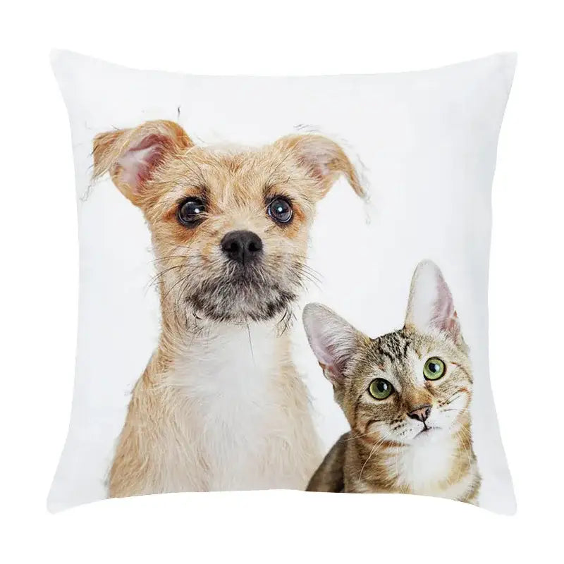 White throw pillow with tan and white dog and green eyed tabby cat print on peach skin pillowcase for living room decor