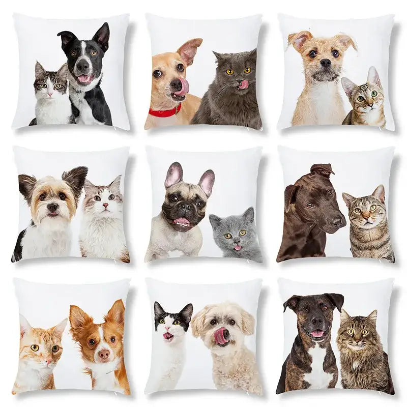 White throw pillows with pet dog and cat print featuring various breeds on peach skin pillowcase for living room decor