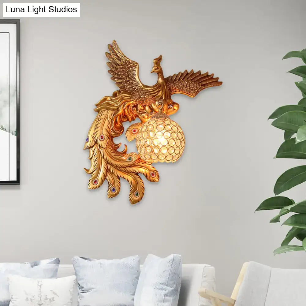Phoenix gold wall lamp with intricate peacock feather details and honeycomb crystal dome e26 e27 220v-240v for living room