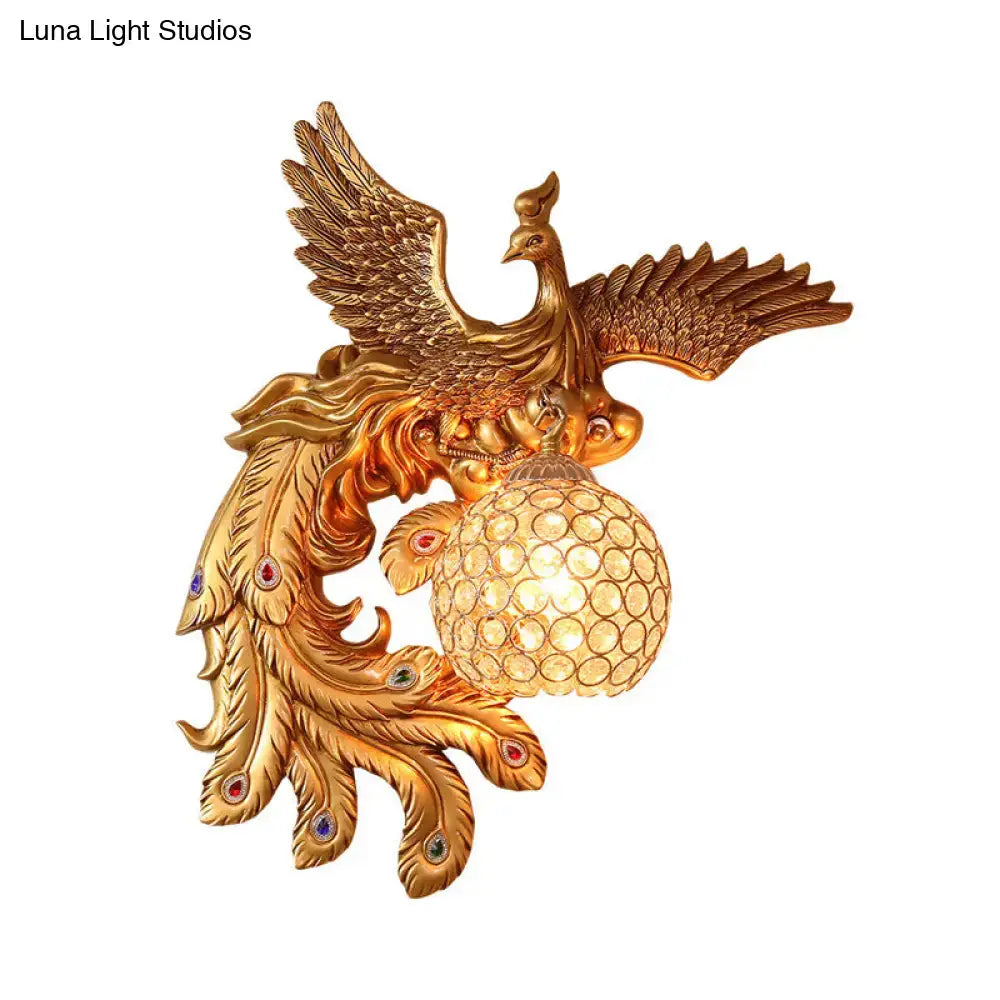 Phoenix gold wall lamp with ornate peacock design, honeycomb crystal dome, e26 e27 compatible, 220v-240v use