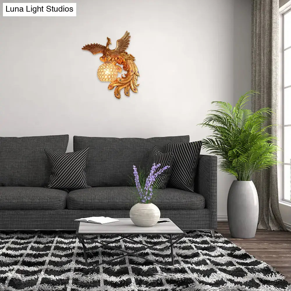 Golden ornate phoenix wall lamp with honeycomb crystal dome and intricate feathers e26 e27 110v-120v for living room