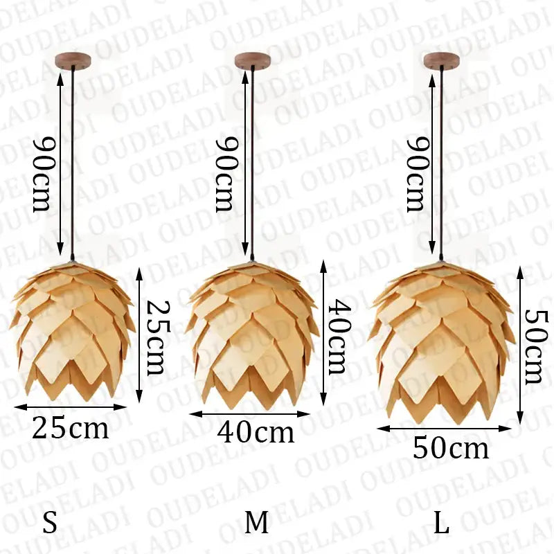 Three handmade smart pinecone wooden pendant lights in orange and gold tones for dining room decorbites decor