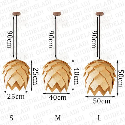 Three handmade smart pinecone wooden pendant lights in orange and gold tones for dining room decorbites decor