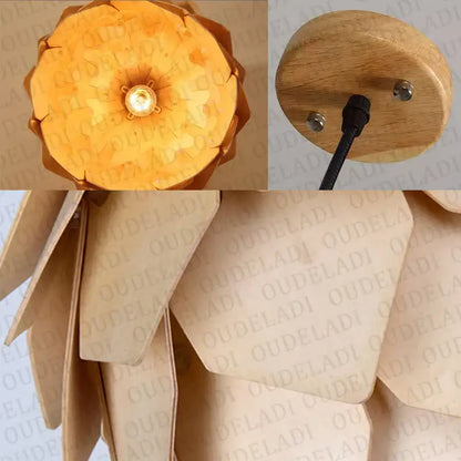 Warm-toned pinecone wooden pendant lights with orange and gold finish featuring layered petal-shaped panels for dining room decorbites handmade smart design
