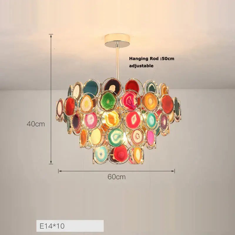 Pink agate decorbites agate designer led chandelier with multi-colored slice and chrome finish for dining room decor