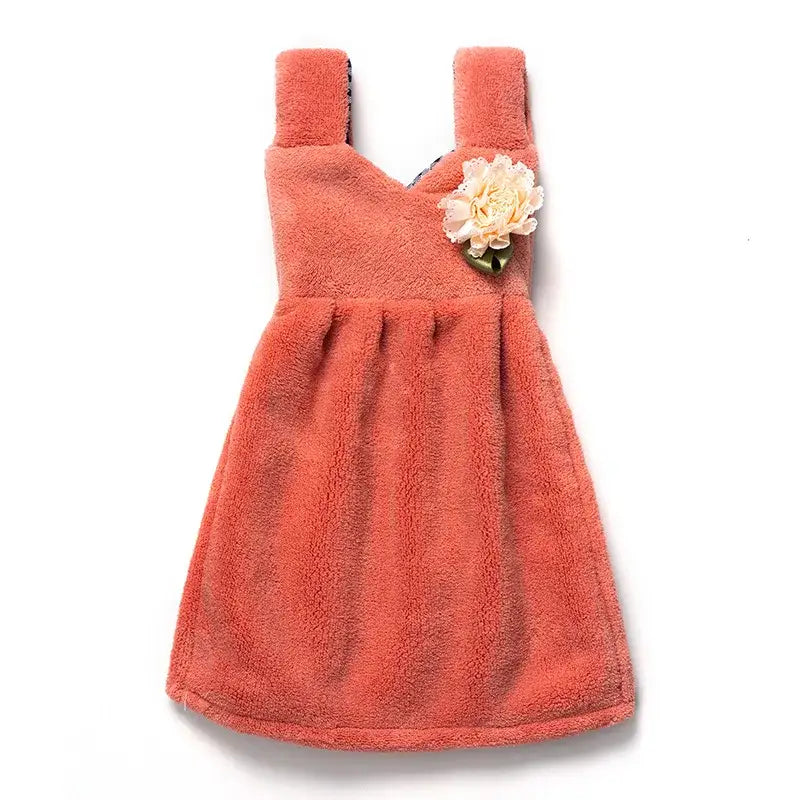 Coral-colored plush hand towel dress with cream flower embellishment for decorbites kids cute kitchen and bathroom use
