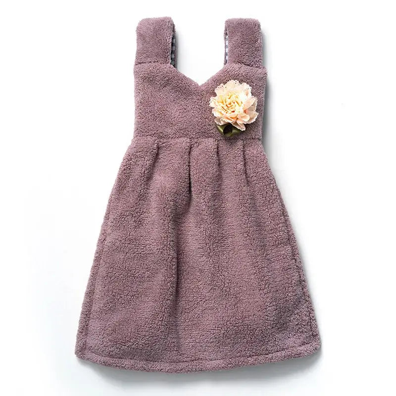 A soft plush mauve kids cute dress with a peach flower appliqué featured as a decorbites kids cute hand towel for kitchen and bathroom