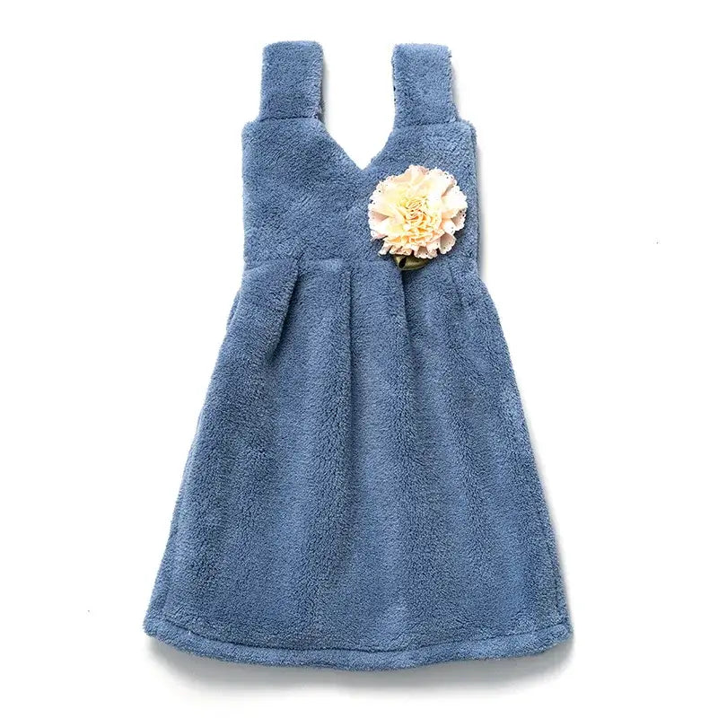 A soft blue terry cloth kids cute dress with cream flower appliqué perfect as a decorbites hand towel for kitchen and bathroom