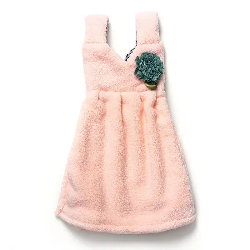 A soft pink plush hand towel dress with a teal fabric flower decorbites kids cute for kitchen and bathroom decor