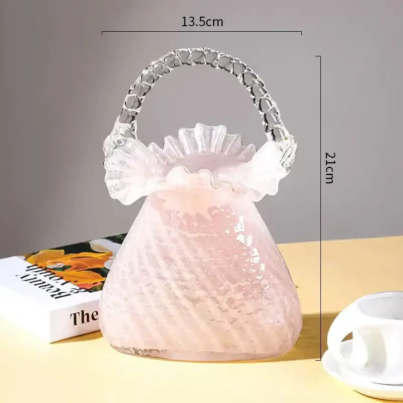 Translucent pink glass handbag with textured ruffled top and clear crystal handle for decorbites crystal flower basket decor