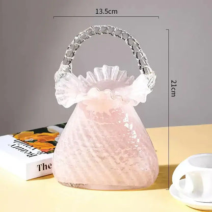 Translucent pink glass handbag with textured ruffled top and clear crystal handle for decorbites crystal flower basket decor