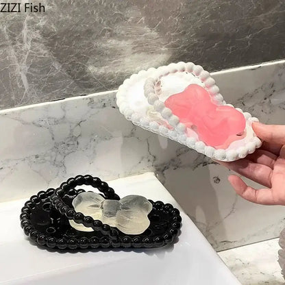 Pink and clear silicone flip flop soap dish drainage rack with beaded edges for bathroom dish drainage rack accessory