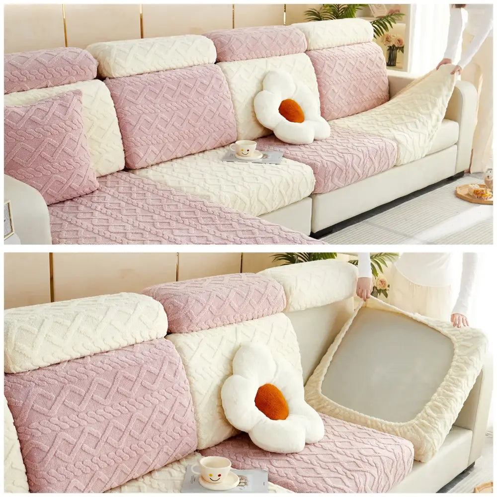 Pink and cream quilted velvet sofa cover with textured finish and floral-shaped cushion for living room seat protection