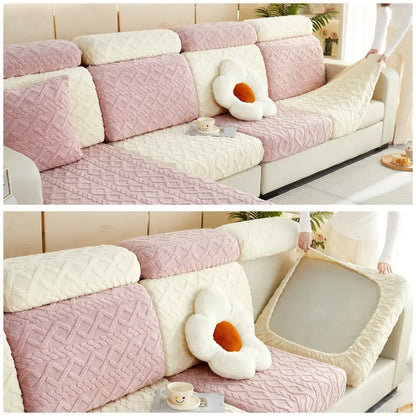Pink and cream quilted velvet sofa cover with textured finish and floral-shaped cushion for living room seat protection