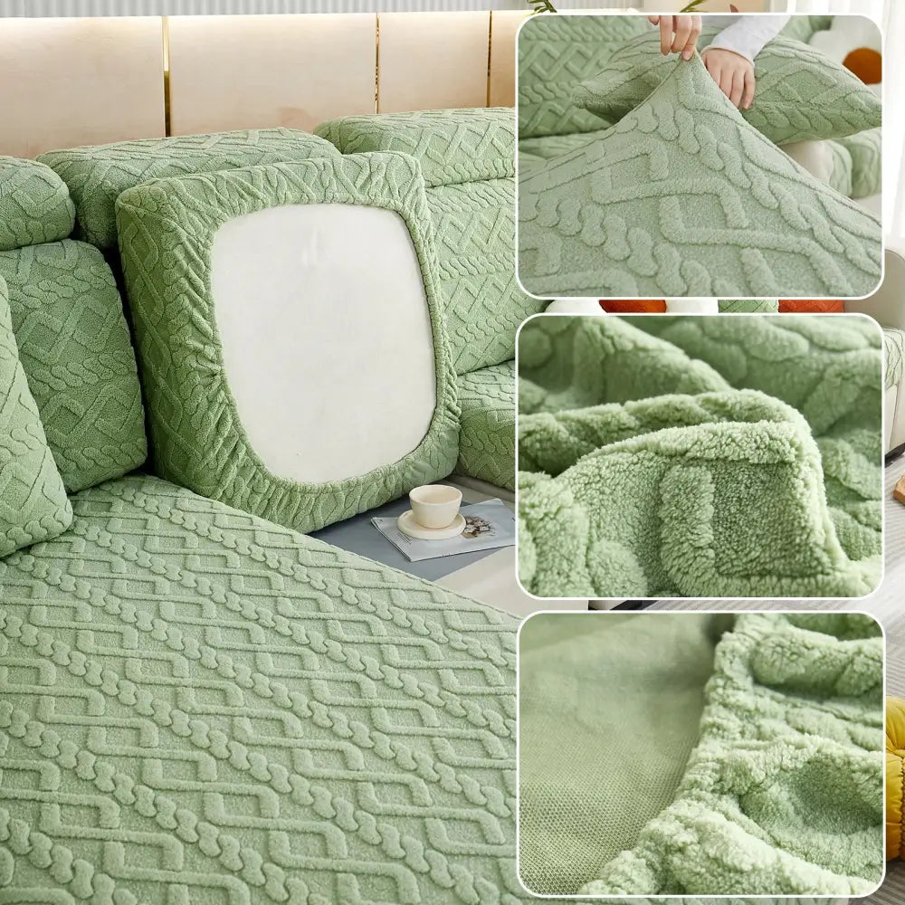 Soft mint green knit fabric sofa cover with plush textured pattern and elasticized edges for living room use