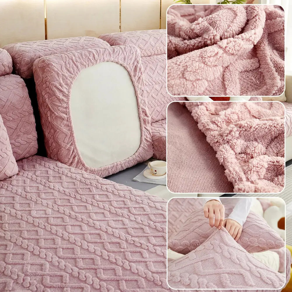 Pink plush knit sofa cover with textured cable knit pattern and stretchy elastic edges for living room protection