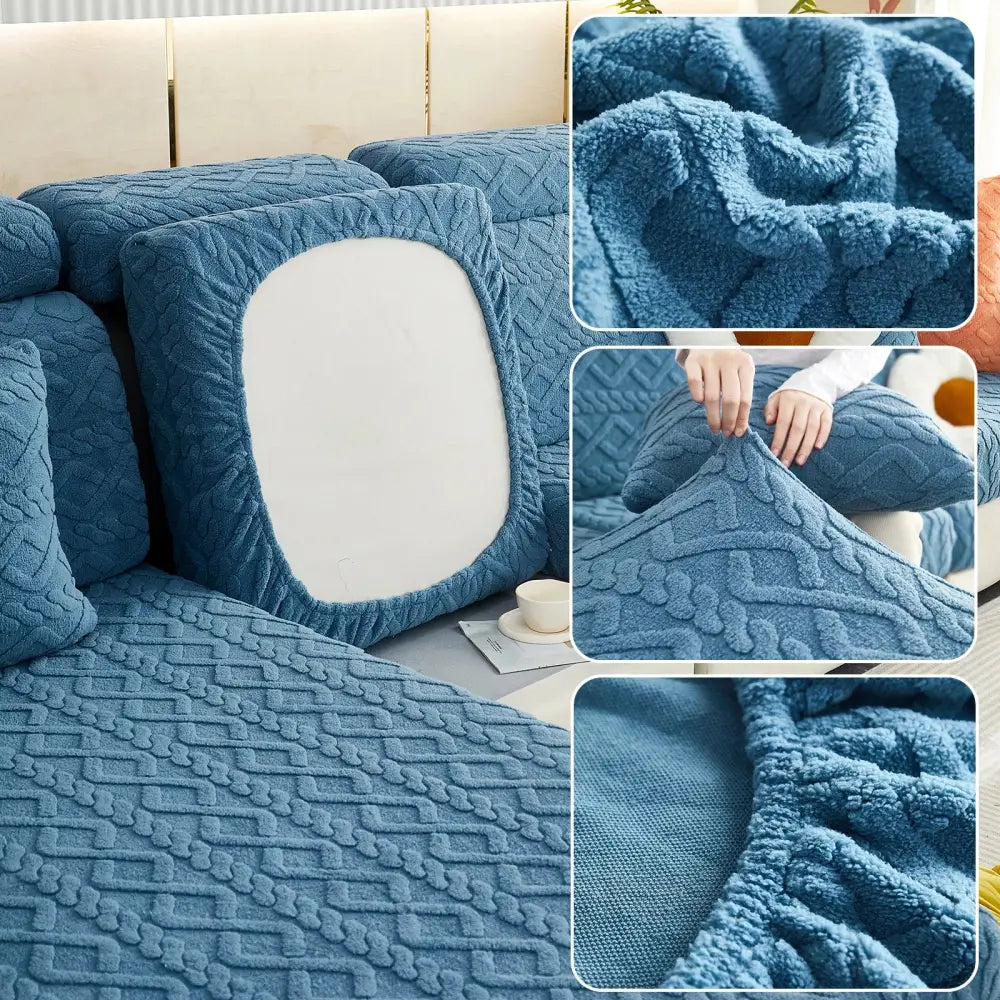 Blue textured fabric cushion cover with plush surface and elastic edge for pink and cream quilted velvet sofa cover