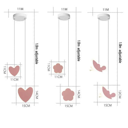 Pink and gray heart blossom butterfly led chandelier with pastel pink heart-shaped pendant lights for bedroom lighting