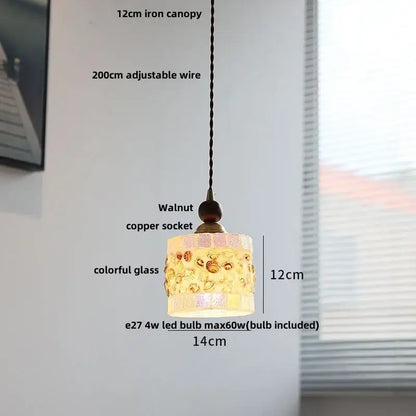 Pink and lavender mosaic glass ball led pendant light with colorful seashell glass shade and walnut-finished socket by decorbites