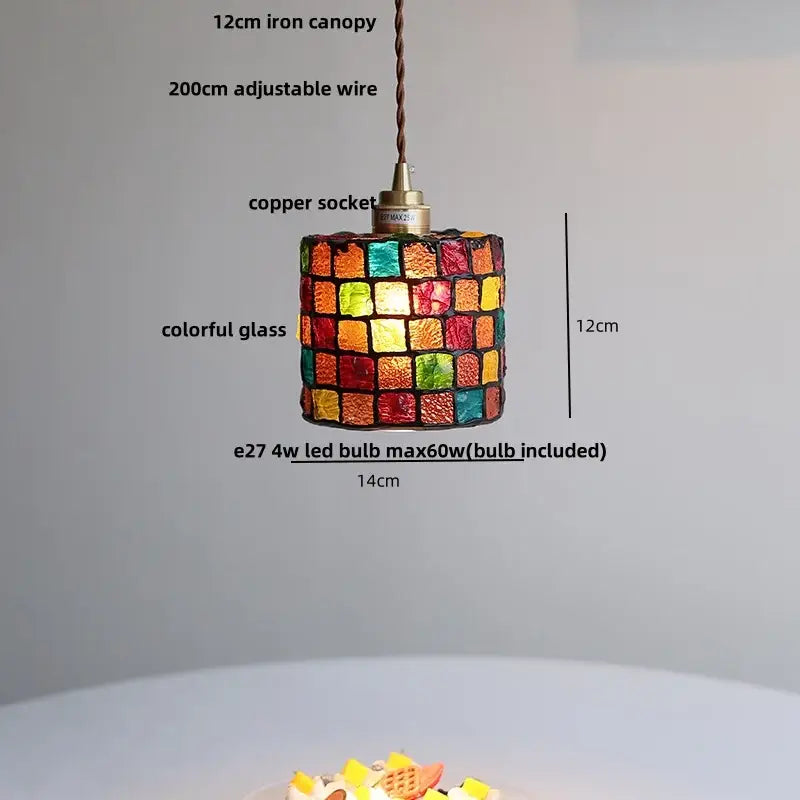 Cylindrical pink and lavender decorbites glass ball led pendant light with colorful mosaic glass panels for kitchen decor