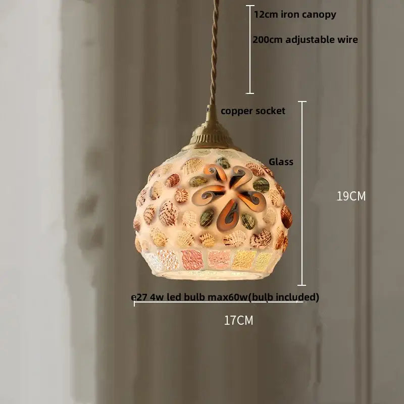 Pink and lavender mosaic glass ball led pendant light with seashells and floral design by decorbites glass ball pendant lights