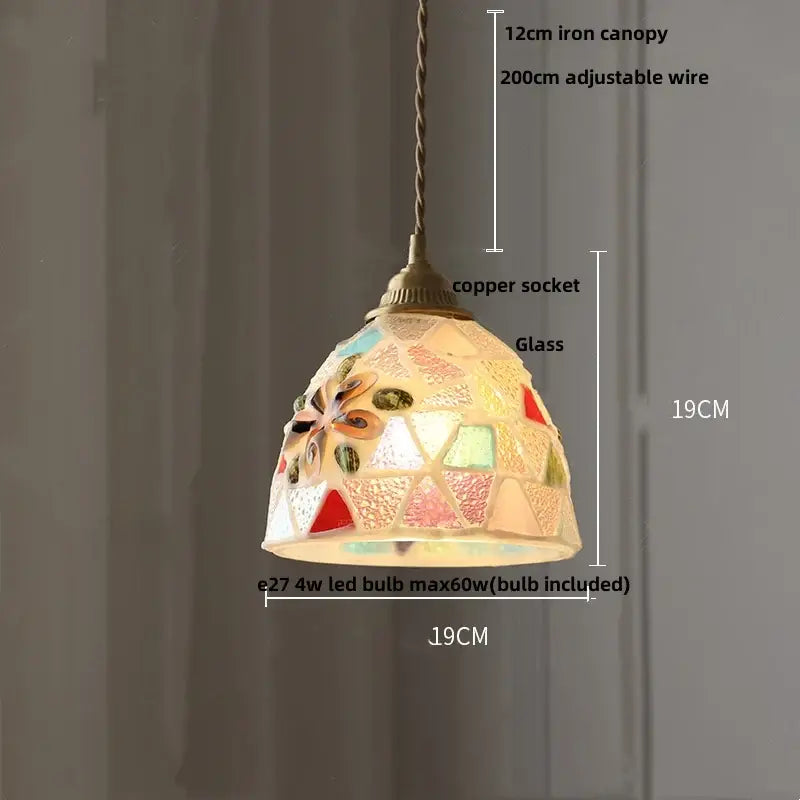 Pink and lavender mosaic glass ball led pendant light with floral stained-glass panels and iron canopy for kitchen decorbites pendant lights