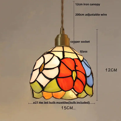 Stained glass pendant lights with floral design in red white blue and green hues from decorbites glass ball led series