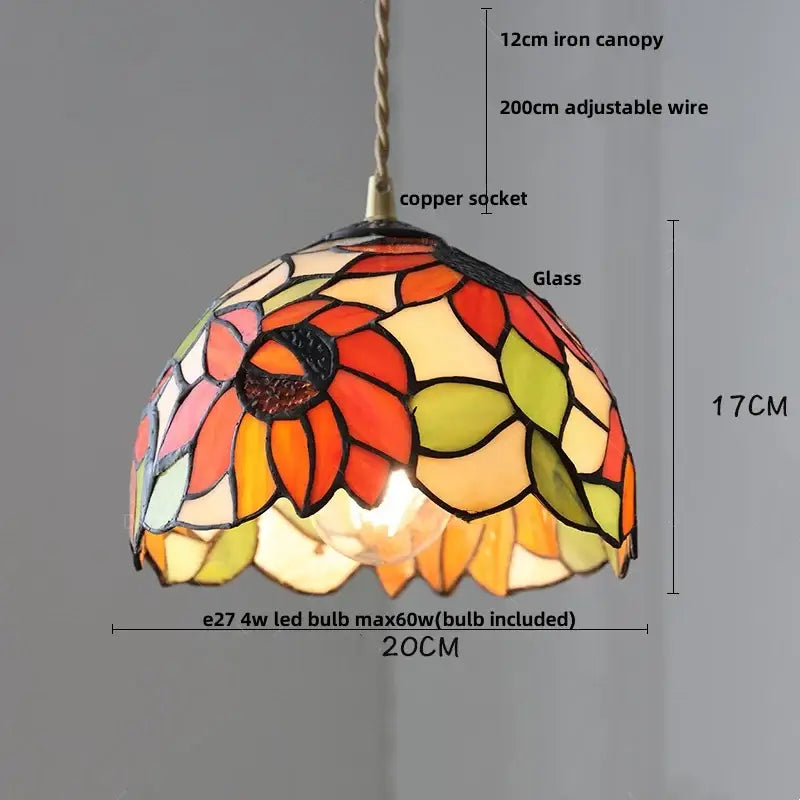 Vibrant decorbites glass ball led pendant lights with orange red yellow and green floral stained glass design for kitchen