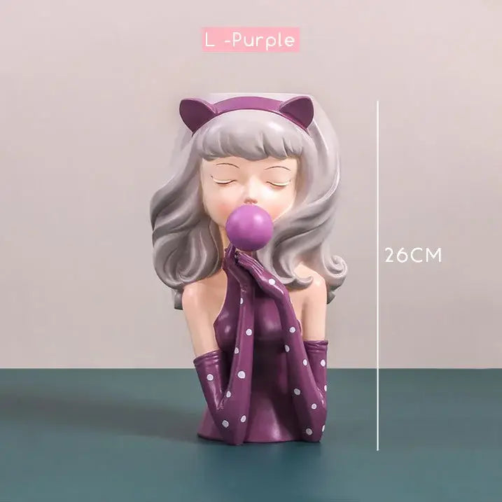 Purple resin bubble gum girl figurine with gray hair and cat ears for decorbites flower vase living room decor