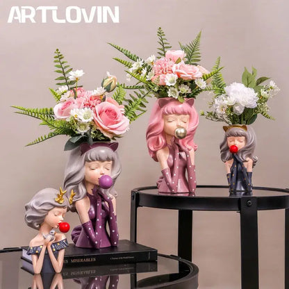 Pink and purple resin bubble gum girl flower vase decorbites bubble gum living room decor with cat ears and bouquets