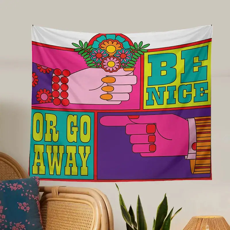 Vibrant pink and purple psychedelic hippie tapestry featuring baphomet psychedelic graphics and be nice or go away text