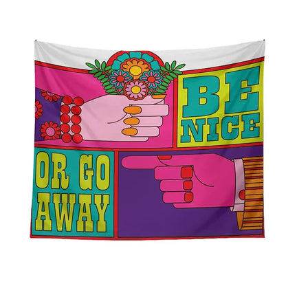 Pink and purple psychedelic hippie tapestry with bold graphic hands flowers and be nice or go away text for bedroom wall hanging